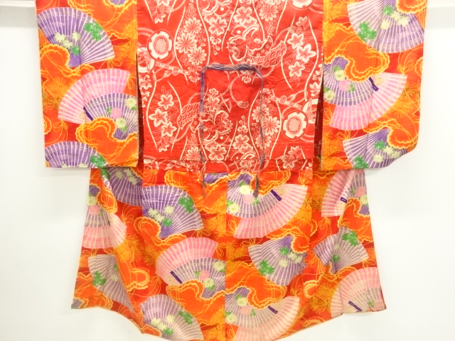JAPANESE KIMONO / ANTIQUE JUBAN / DONUKI / MUSLIN / FOLDING FAN & FLOWERS